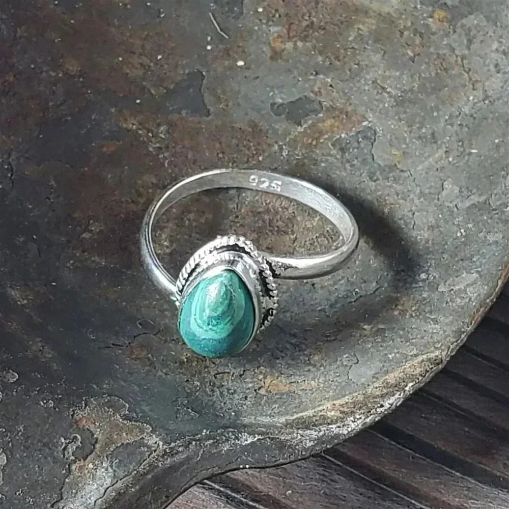 Artisan India Green Malachite 925 Sterling Silver Plated Gemstone Ring Size 6.5
